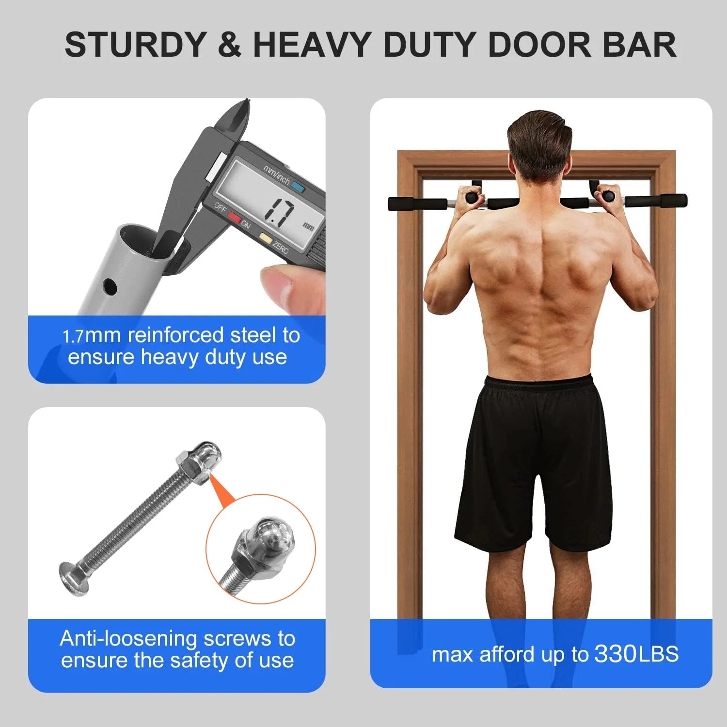 Pull up Bar for Doorway, Thickened Steel Upper Body Workout Bar, Adjustable Width Locking, Max Limit 330 Lbs, Multi-Grip Strength Chin-Up Bar for Strength Training, Home & Gym, Black