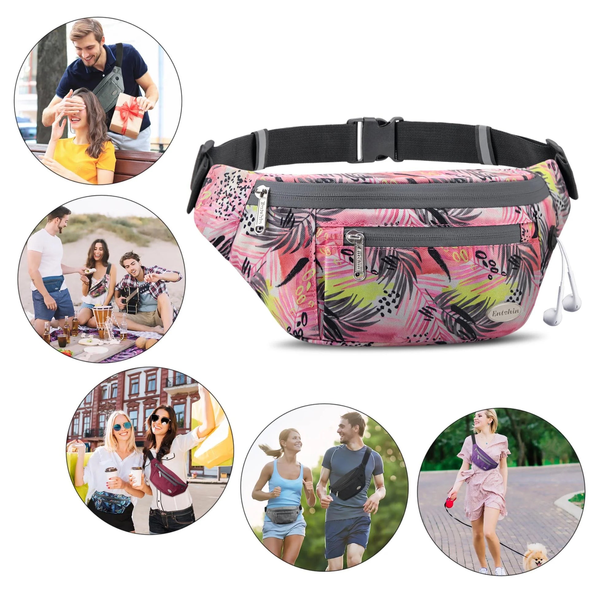 Fanny Pack for Women Girl , Pink Waistpack, Polyester Crossbody Belt Bag, 4 Zipper Pocket, Adult Teen for Walking,Running,Daily Use