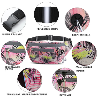 Fanny Pack for Women Girl , Pink Waistpack, Polyester Crossbody Belt Bag, 4 Zipper Pocket, Adult Teen for Walking,Running,Daily Use