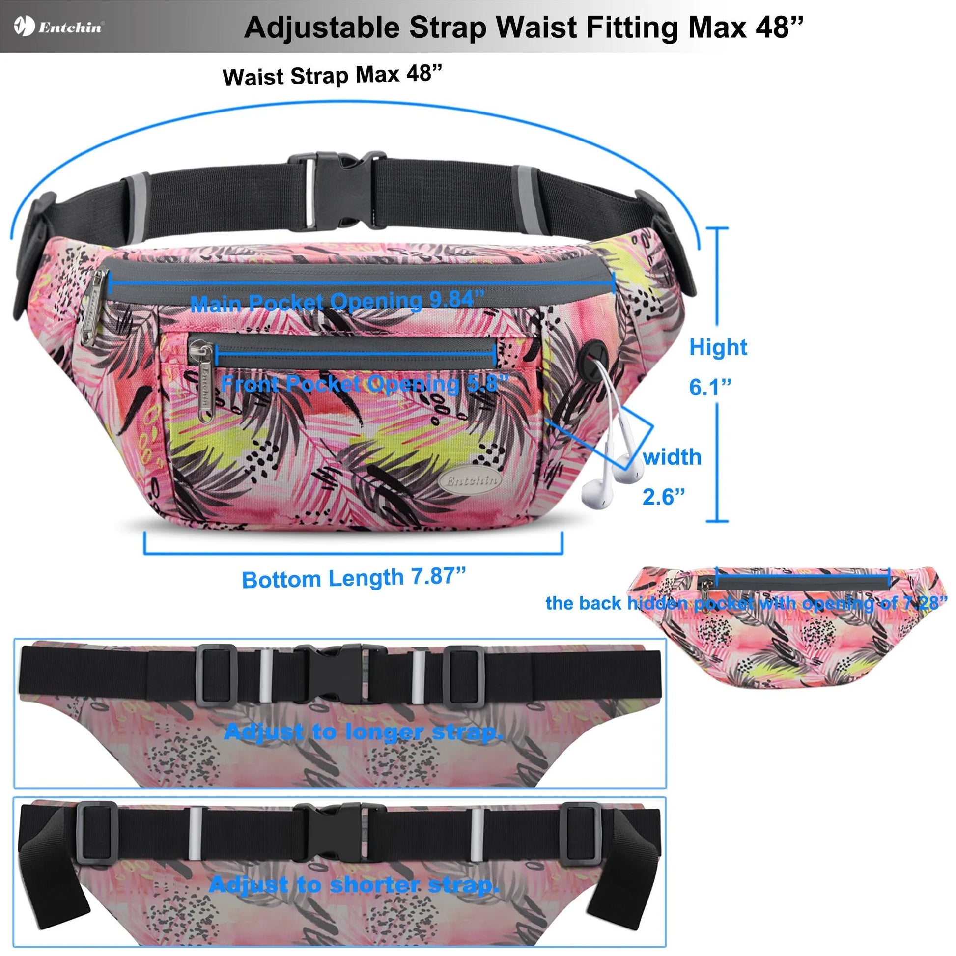 Fanny Pack for Women Girl , Pink Waistpack, Polyester Crossbody Belt Bag, 4 Zipper Pocket, Adult Teen for Walking,Running,Daily Use