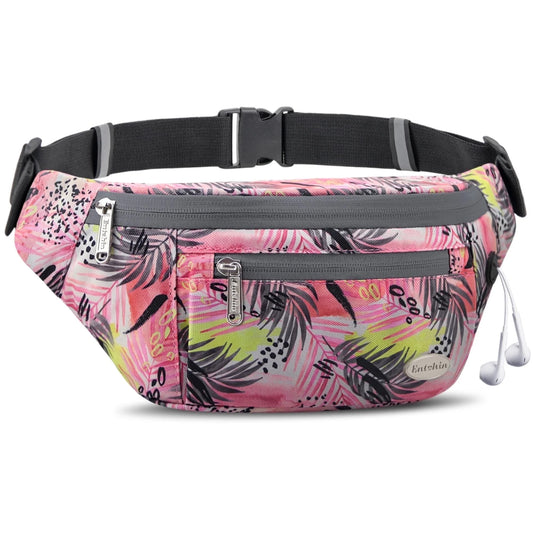 Fanny Pack for Women Girl , Pink Waistpack, Polyester Crossbody Belt Bag, 4 Zipper Pocket, Adult Teen for Walking,Running,Daily Use