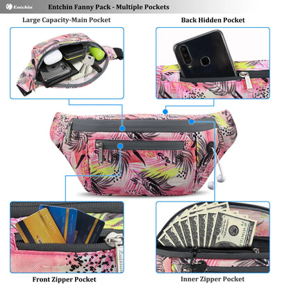 Fanny Pack for Women Girl , Pink Waistpack, Polyester Crossbody Belt Bag, 4 Zipper Pocket, Adult Teen for Walking,Running,Daily Use
